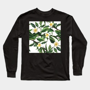 Tea Camellia Watercolor Pattern Long Sleeve T-Shirt